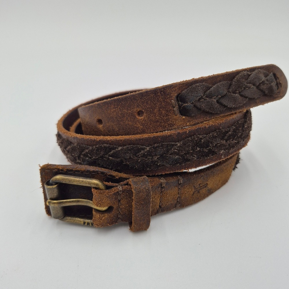 Frye Dark Brown Distressed Leather Braided Suede Belt Brass Buckle Size Medium